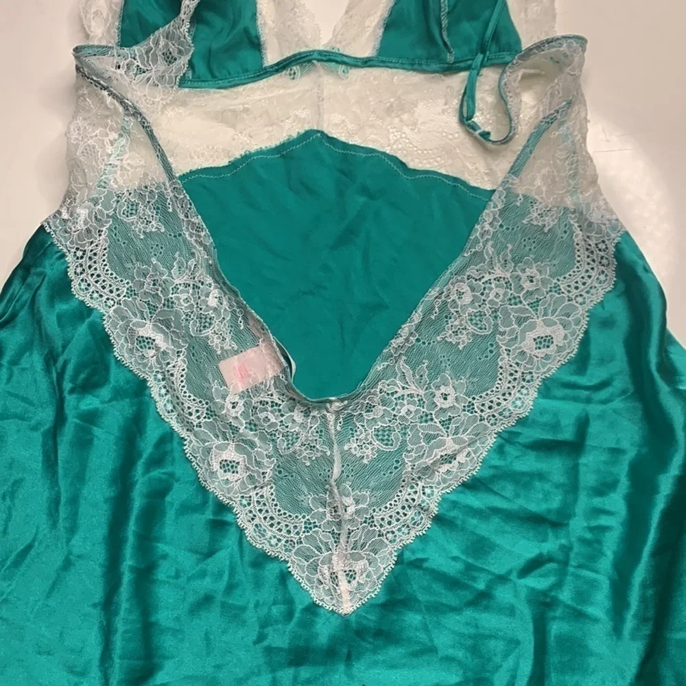 Vintage Victoria Secret aquamarine green white lace nightingale mini slip dress